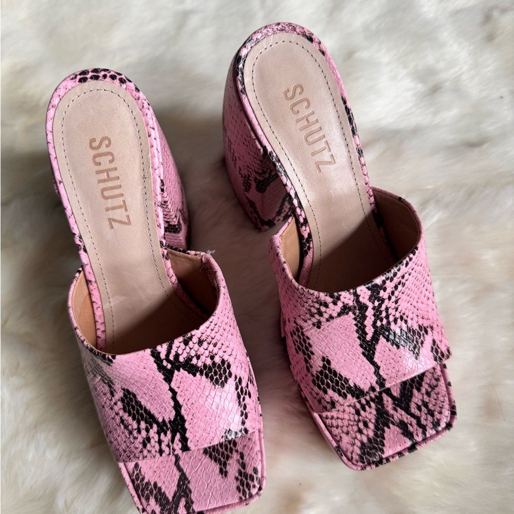 Schutz Pink Snake Print Women's Mules